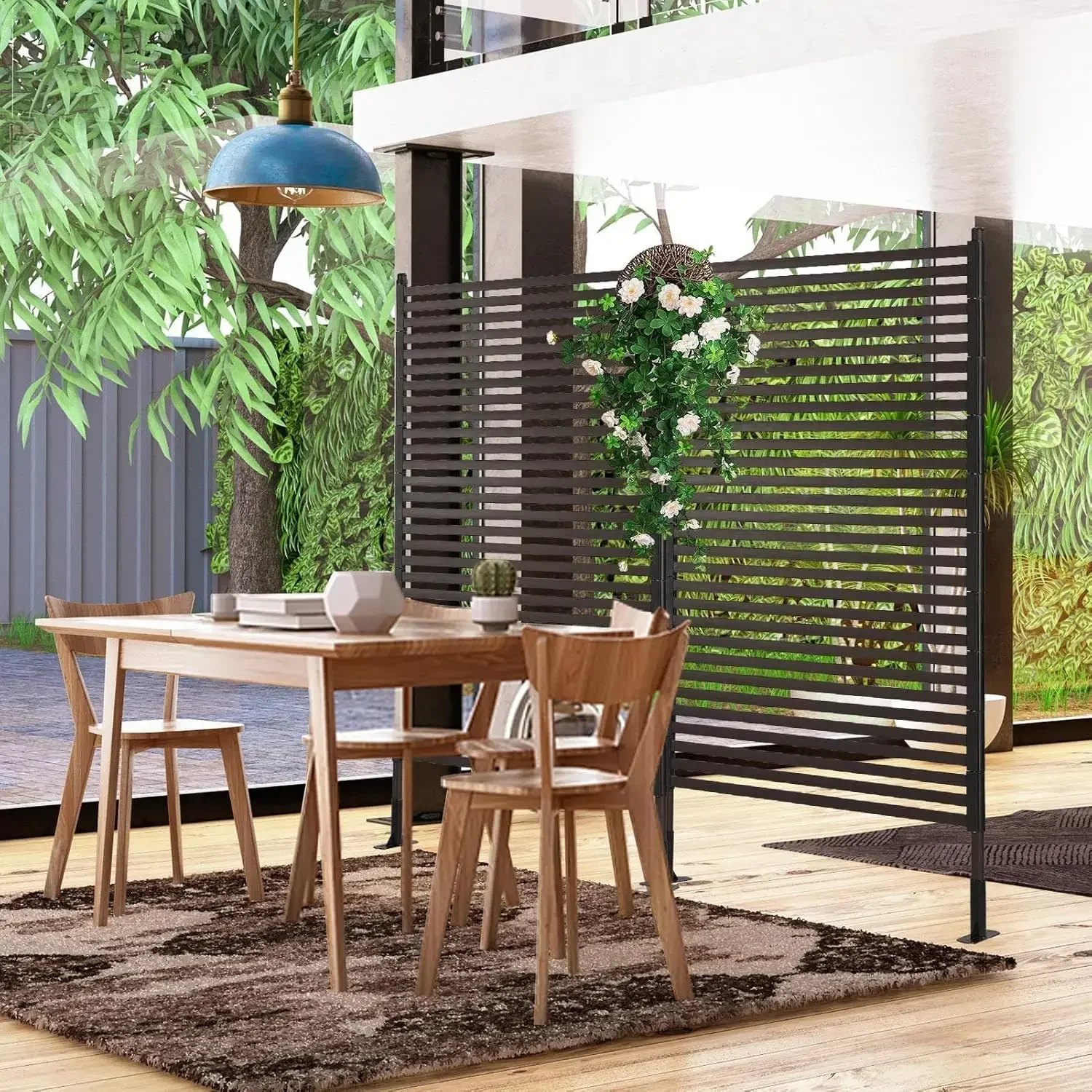 

XMSJ.Metal Outdoor Privacy Screen with Stand, 4 ft W x 6 H PE-Coating Steel Pipes and Slats Panels, Decoative