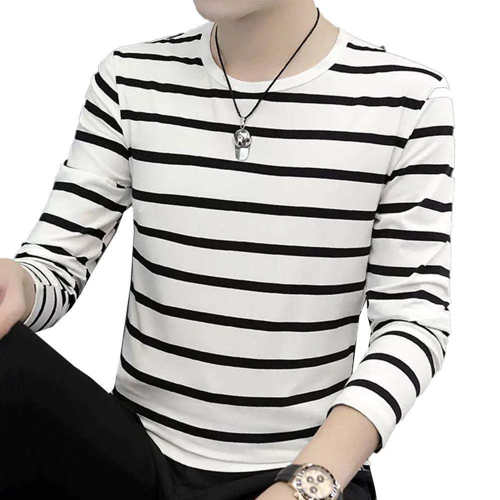 Stylish Mens Stripe Long Sleeve T Shirt Casual Sports Crew Neck Tee Shirts for Men Blouse Pullover Tops Striped Design