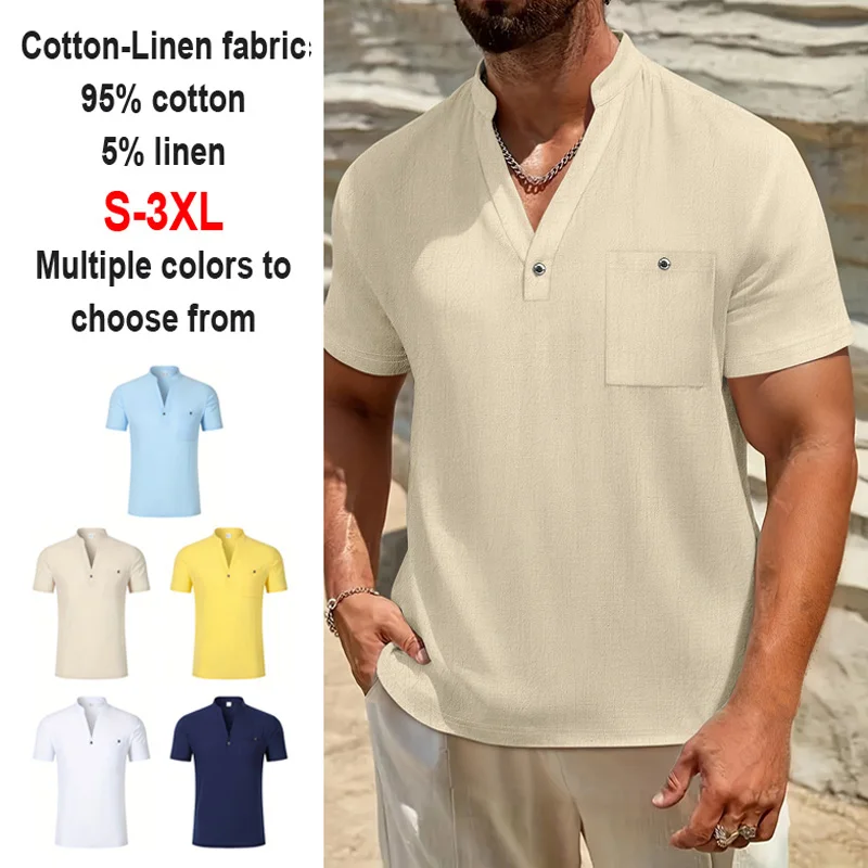 Men's Cotton Linen Henley Shirt Short Sleeve Band Collar Button Chest Pocket Casual Breathable Summer Beach Vacation Daily Tee view 6