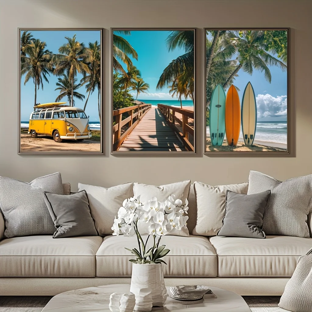 Triptytico de playa de verano sin marco, arte de pared en lienzo, escenas costeras vibrantes con palmeras, tablas de surf y furgoneta clásica, alta calidad, 3 uds.