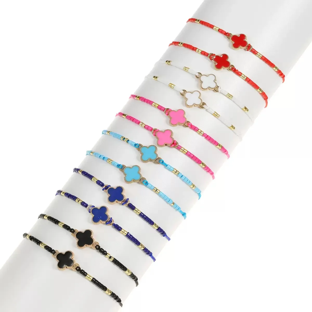 12Pcs Fashionable Multicolor oil Cross Simple Four-Leaf  Clover Rice Bead   Beaded Woven Bracelet Set Valentines Lucky Bracelet