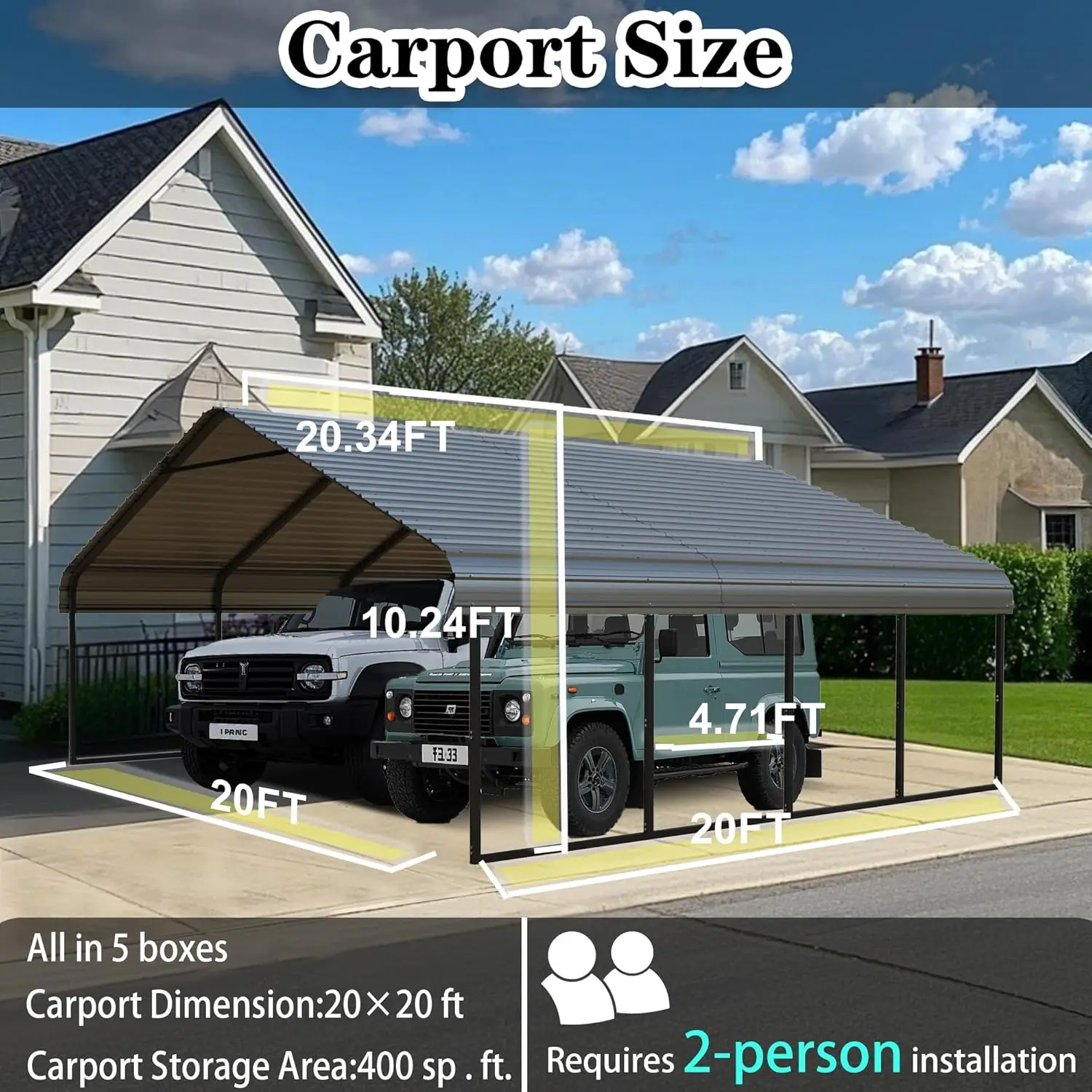 20x20 FT Heavy Metal Carport Galvanized Steel Roof Frame All Weather Garage Shelter 2 Cars Boat Yard, Customized