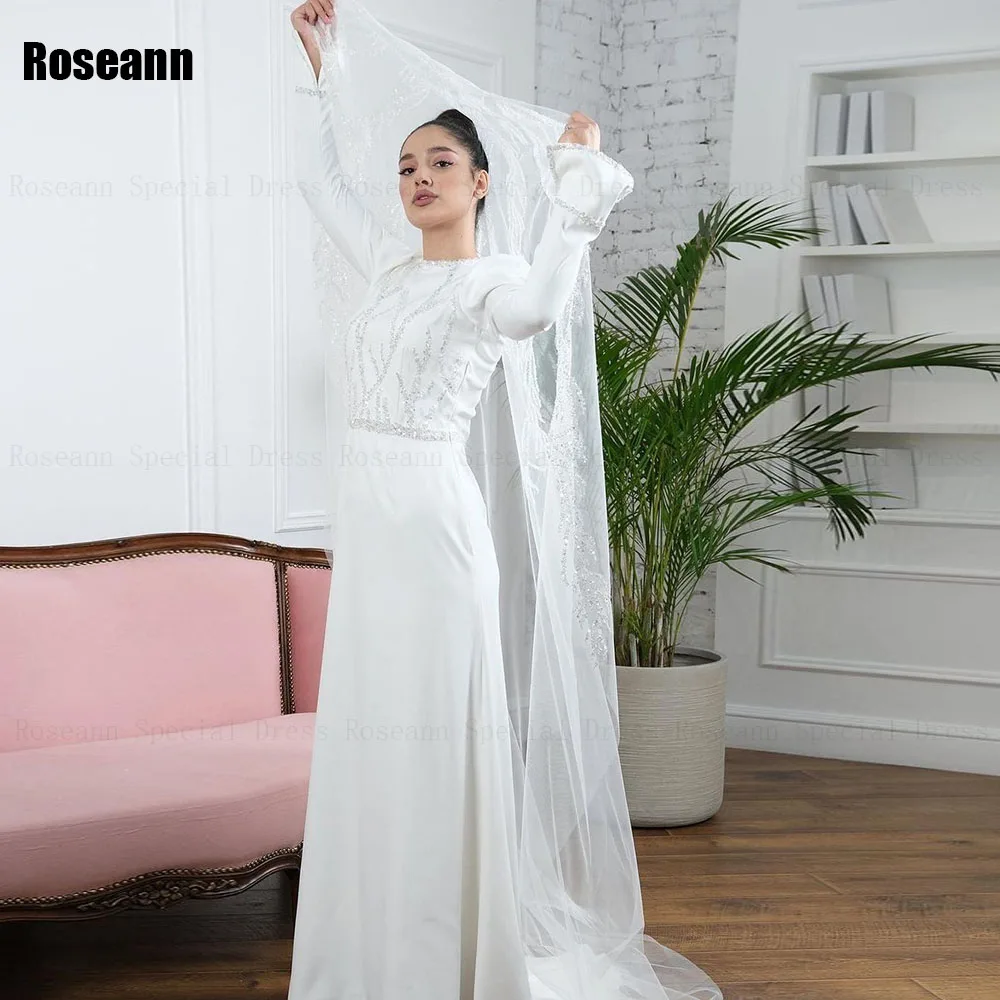 Muslim 2024 New Design A-line O-Neck Wedding Dresses Applique Paillette Floor Length Bride Dress Brush Train robe de mariée