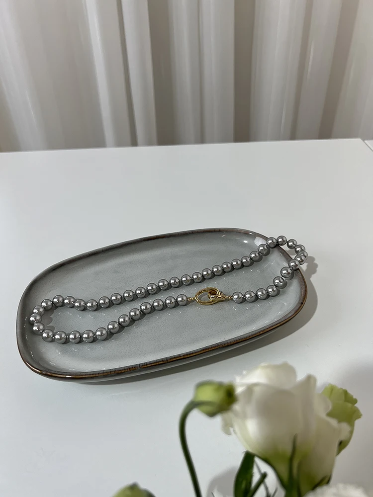 Elegance Gray Pearl Linked  Necklaces Women Jewelry Punk Hiphop Designer Runway Rare  Boho Top Japan Korean
