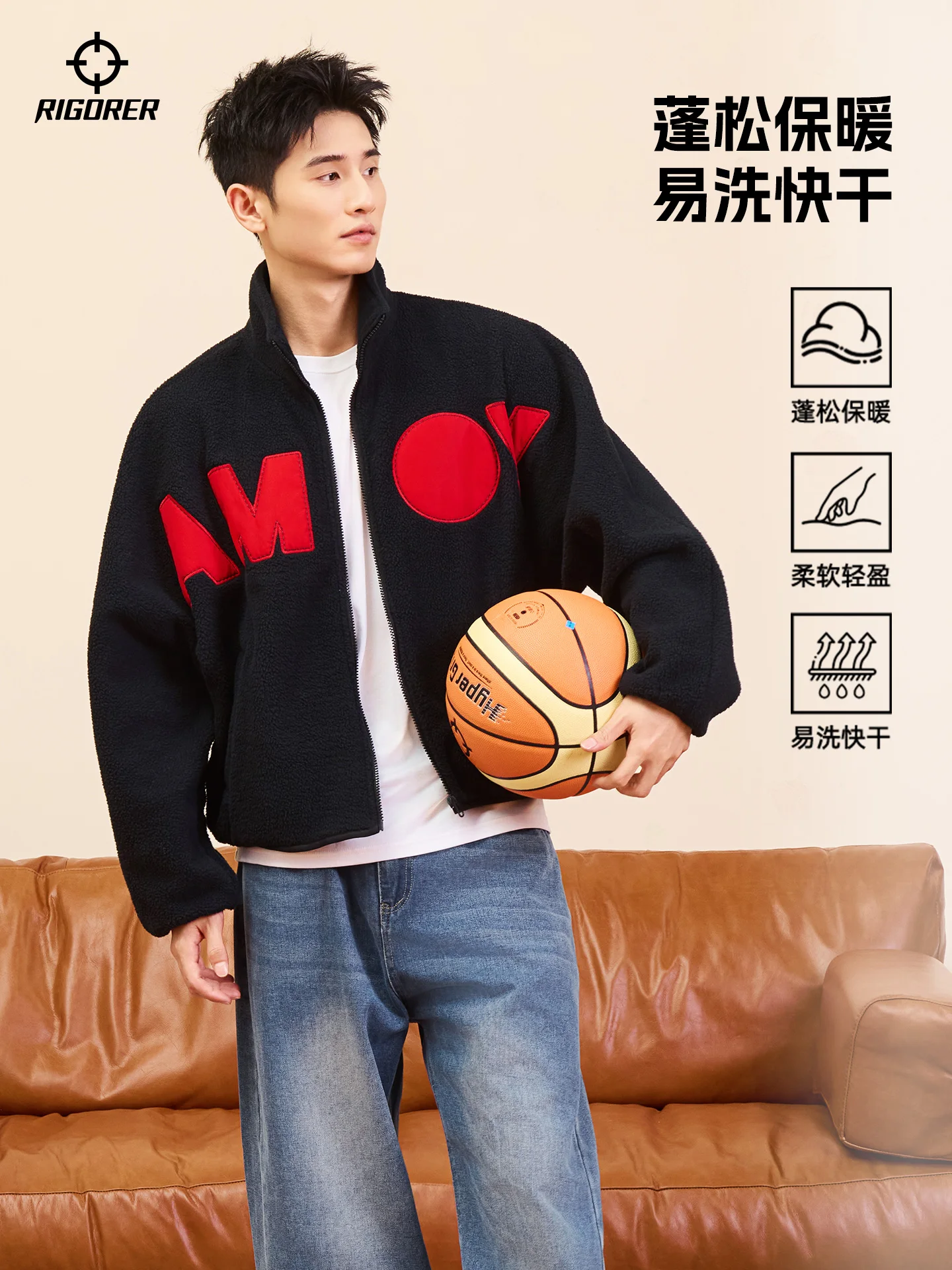 

RIGORER Fleece Jacket Men's Autumn And Winter New Outdoor Sports Loose Fleece Warm Collar Jacket Top Black Pink Warm Jacket