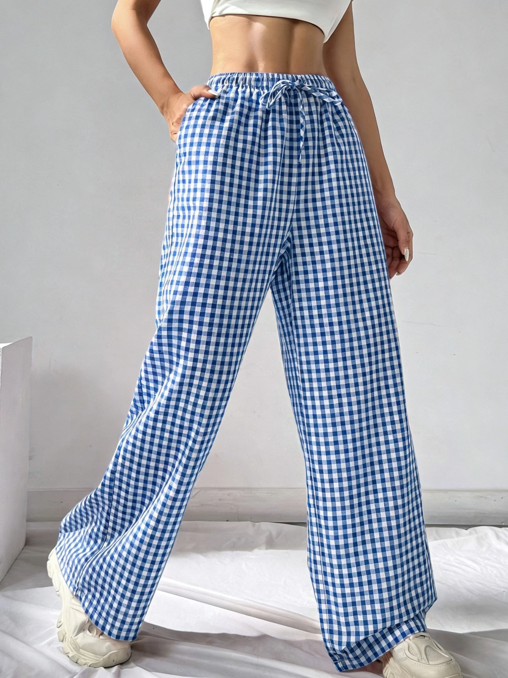 

Синие широкие брюки в клетку, женские повседневные брюки с эластичным поясом на шнурке и карманами