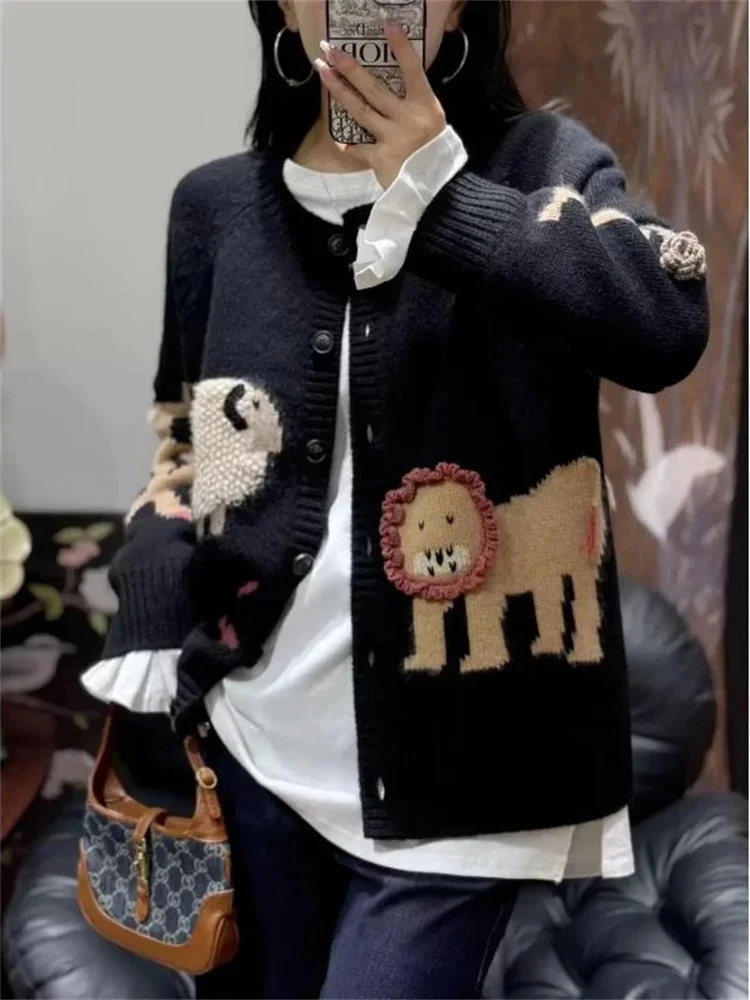 Fashionable Animal Embroidered Knitwear Jacket Women's Spring New High End European Style Original Design Long Sleeve Cardigan