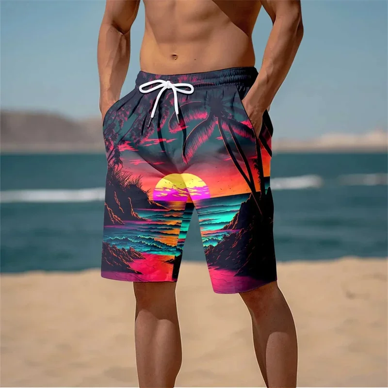 Summer New Harajuku 3D Cocoanut Trees Printing Beach Shorts Palm Tree Graphic Board Shorts For Men Hawaiian Cool Swimming Trunks