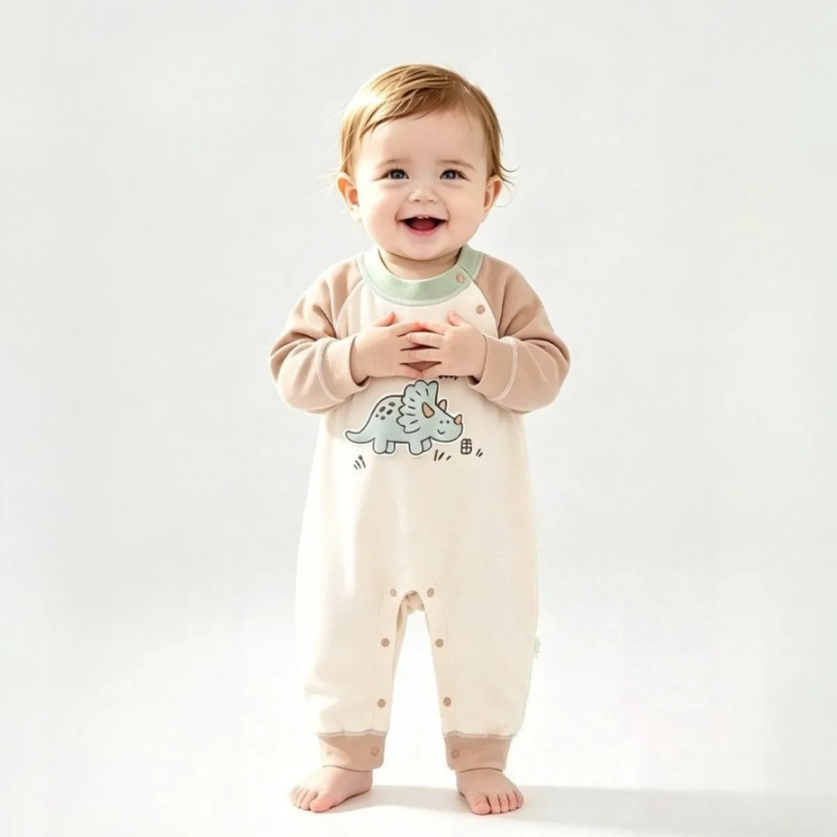 Newborn Baby Romper Dinosaur Print Soft Cotton Long Sleeve Onesie with Shoulder Snaps Infant Unisex Spring Fall 0-18M Easy Dress