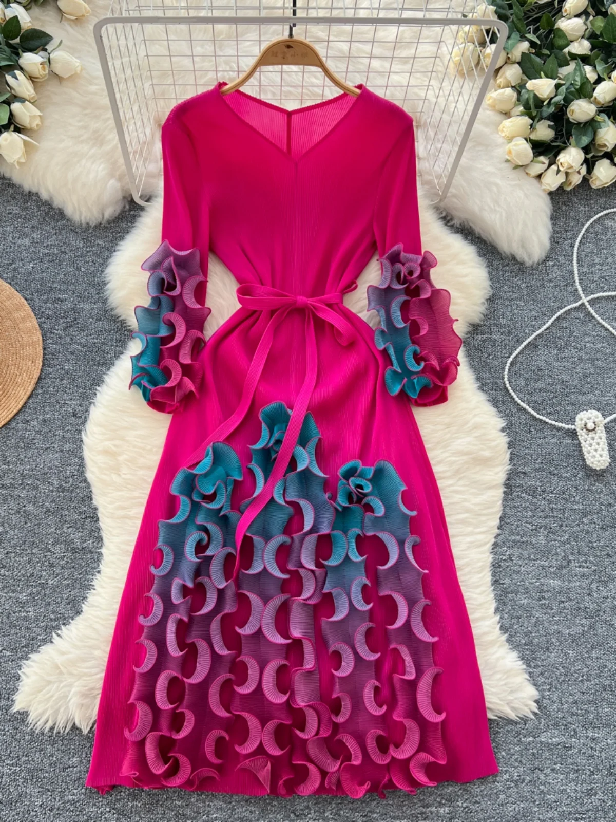 Diseño pado retro Borde de ano de ma Color deadado Cintura con cinturón Vestido de sensación de alta calidad Estil...