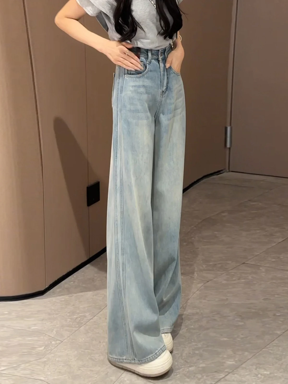 

Blue Vintage High Waist Wide Leg Jeans Women's Loose Slimming ort Straight Floor-Length Pants Spring New Sle Casual Trousers