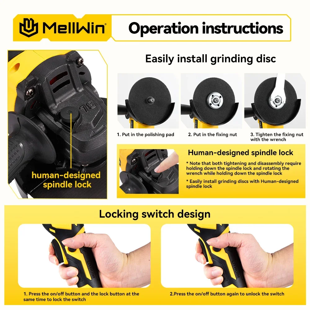 Smerigliatrice angolare senza fili e senza spazzole MELLWIN da 125 mm, lucidatrice elettrica a 3 velocità, utensile per il taglio del legno, compatibile con batteria Makita 18V