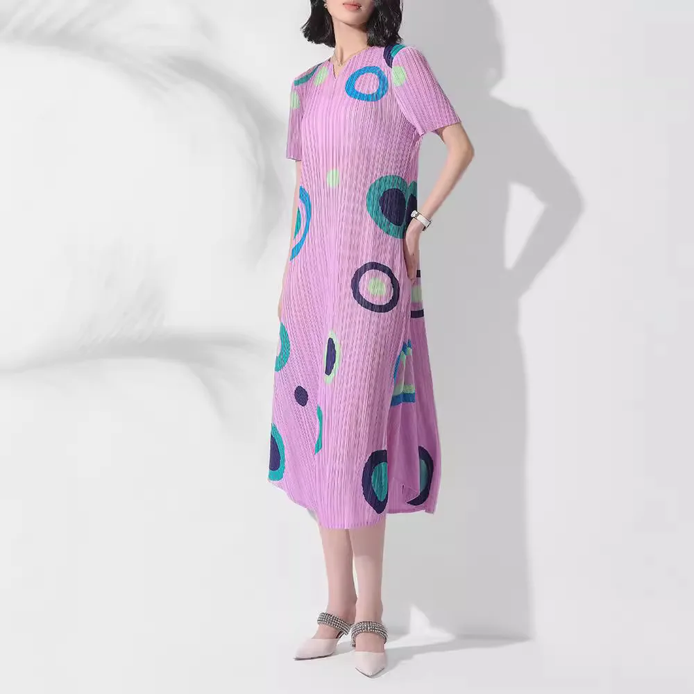 

MIYAKE Summer Pleats Dress New Round Neck Print Temperament Commuting All-match Elegant Short-sleeved Mid-length Pleated Dress