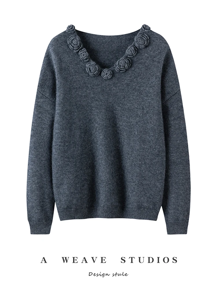ADDONEE Luxury Women's 100% Cashmere Sweater Flower Twist Collar V-neck Pullover Autumn Winter Grace Cashmere Knitwear Tops