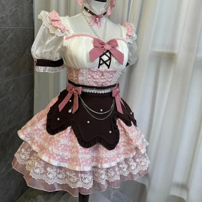 Sweet Y2k Lolita Maid Square Neck Puff Sleeves Lace Bow 2 Piece Dress Set Chocolate Pink White Tiered Birthday Dresses for Woman - view 3