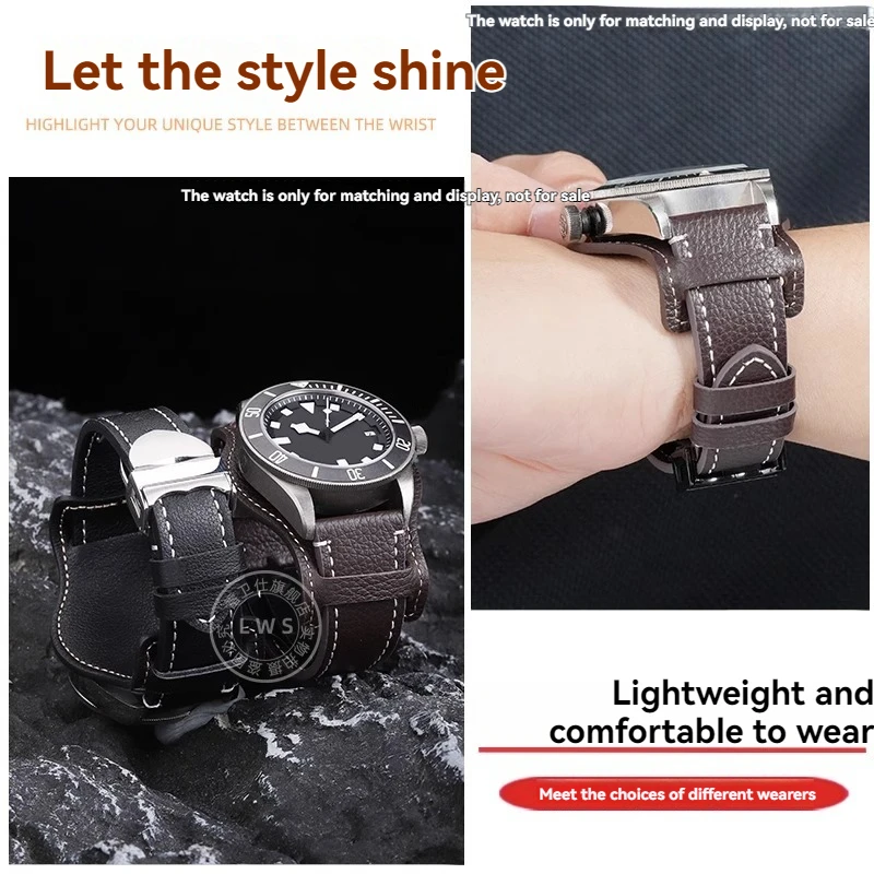 22 مللي متر 20 مللي متر ريترو جلد البقر حزام (استيك) ساعة ل تيودور بلاك باي GMT 1958 M79030 M79250 مشبك قابل للطي أسود أزرق بني مع حزام صينية