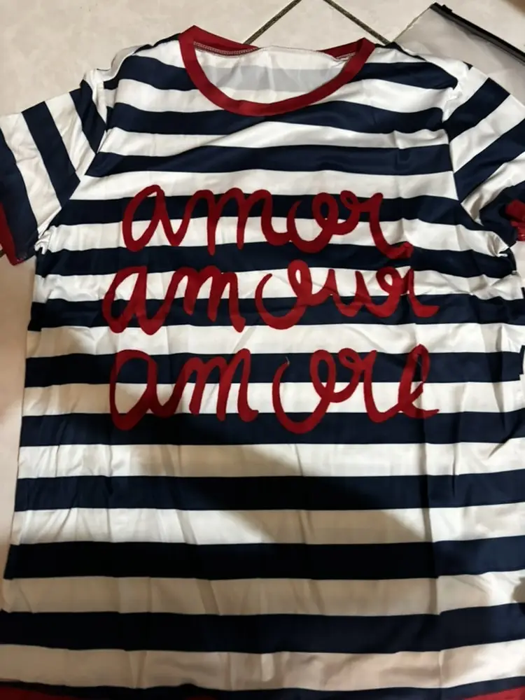 2026 Damen Ringer T-Shirt mit rotem Besatz, O-Ausschnitt, kurzen Ärmeln, marineblau-weiß gestreift, Kursivschrift-Druck, schmale Passform, lässiges Sommer-Top – Detail 5