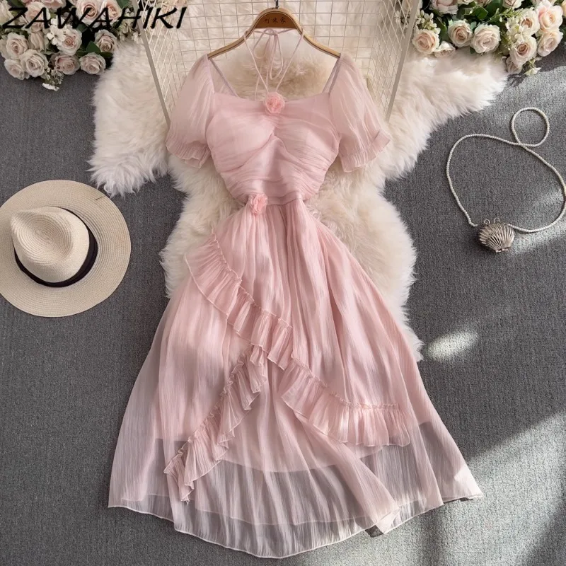 

Pink Summer Dress Irregular Ruffles Bandage Vestidos Three-dimensional Flower Femme Robe Temperament Office Lady Ropa Mujer