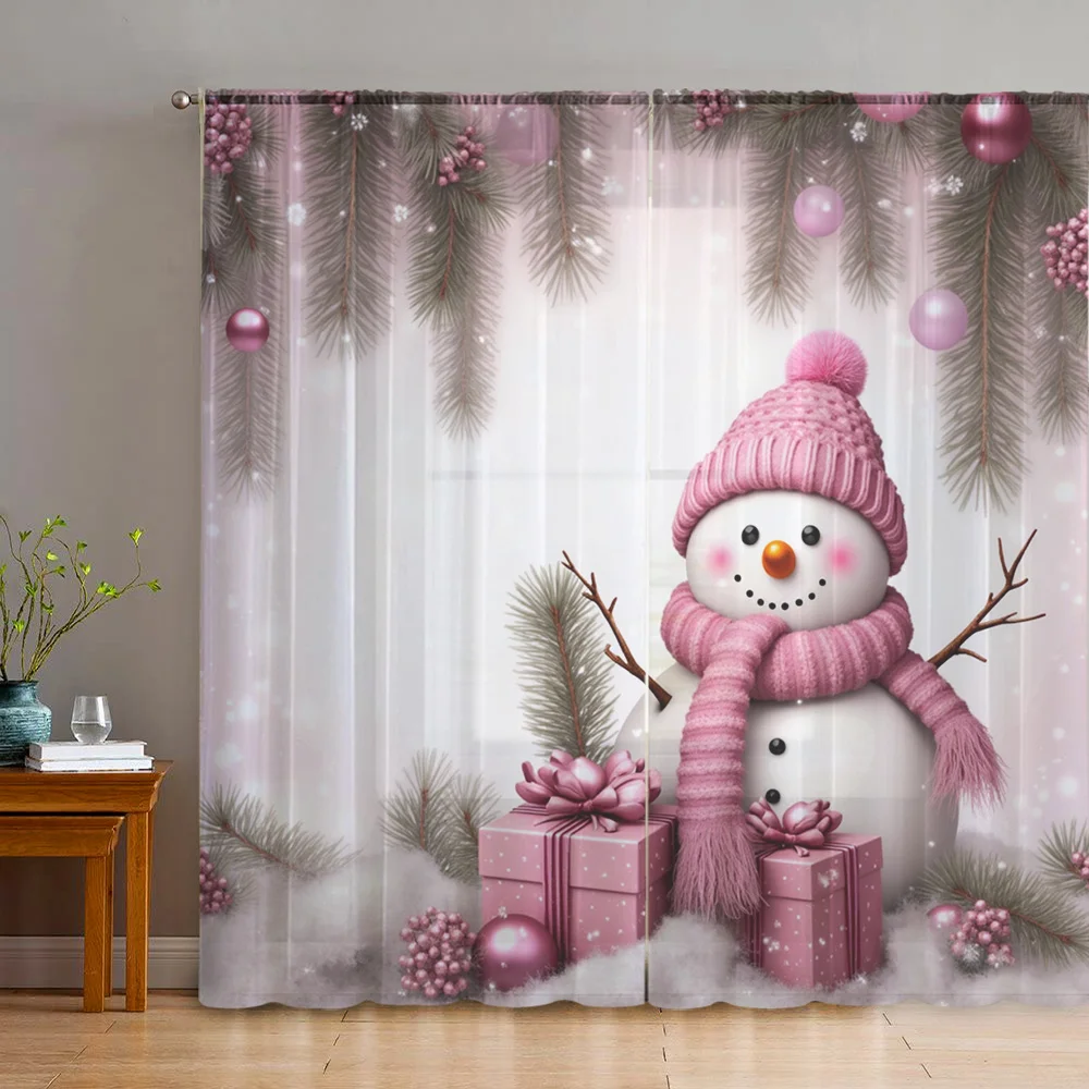 2PCS Christmas Sheer Curtains, Pink Snowman Gift Box, Digital Print, Bedroom Living Room, Rod Pocket Polyester, Home Decor