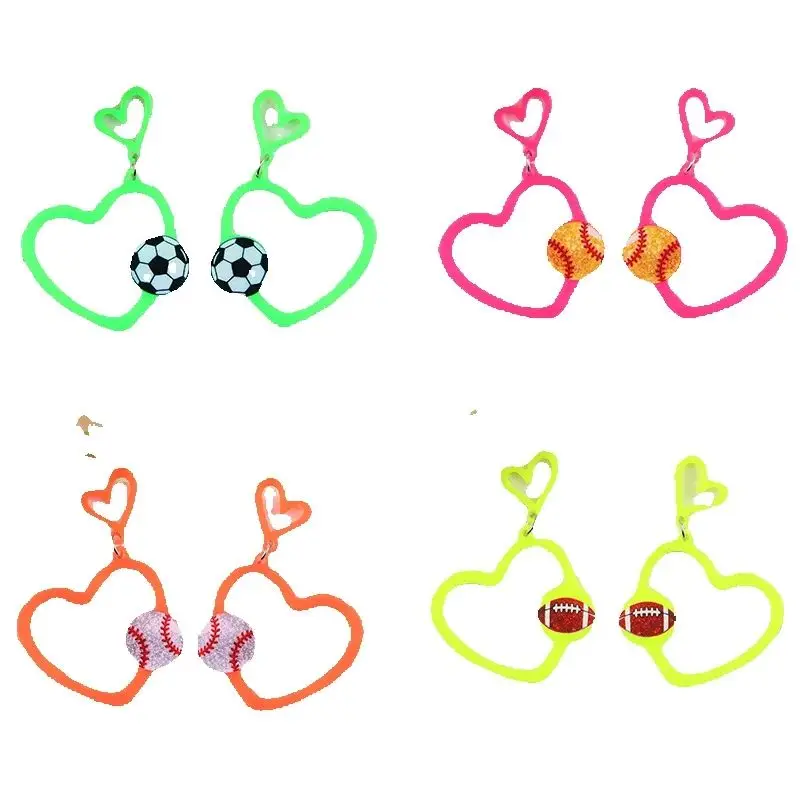 Valentine's Day Sports Style Earrings Fluorescent Hollow Out Heart-shaped Basketball, football, baseball Print Acrylic Earrings