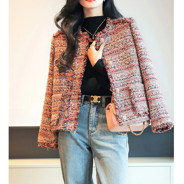 

Tweed Delicate Fringed Small French Style Women Jacket Women's Spring Women's Clothing 2024 Spring Plaid Tweed Short Top Fashion