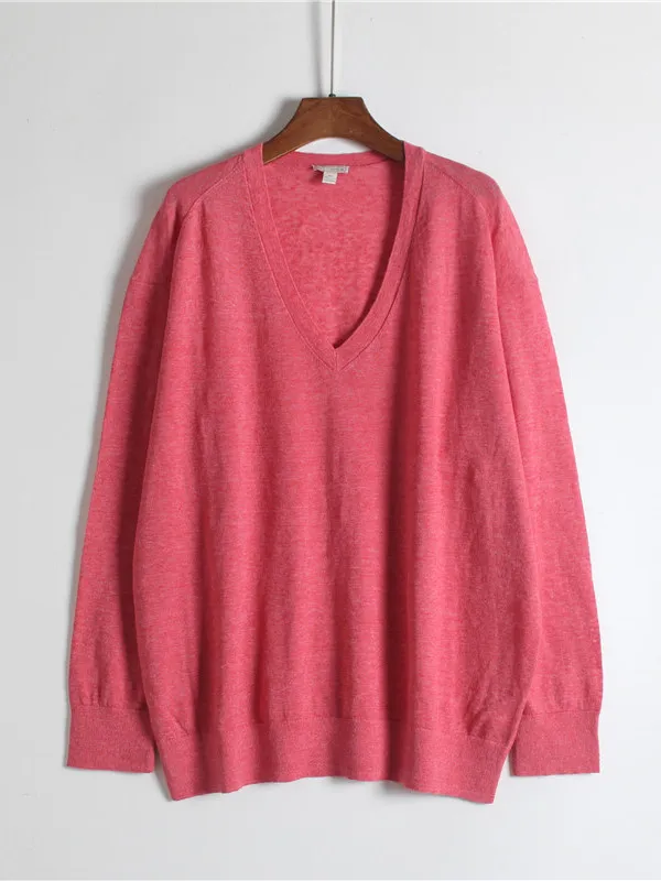 

Casual V-Ne Long Sve Knitted Sweater Thin Linen Blend Loose Fit Overhead Sle Single Piece Pure Color Spring Autumn Wom...