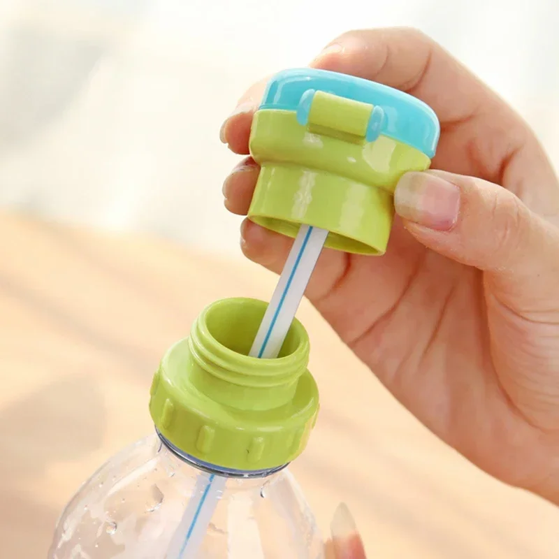 Children Water Bottle Cap Splash Proof Fruit Juice Soda Water Bottle Rotary Cap with Straw Safety Drink Straw Cap Feeding