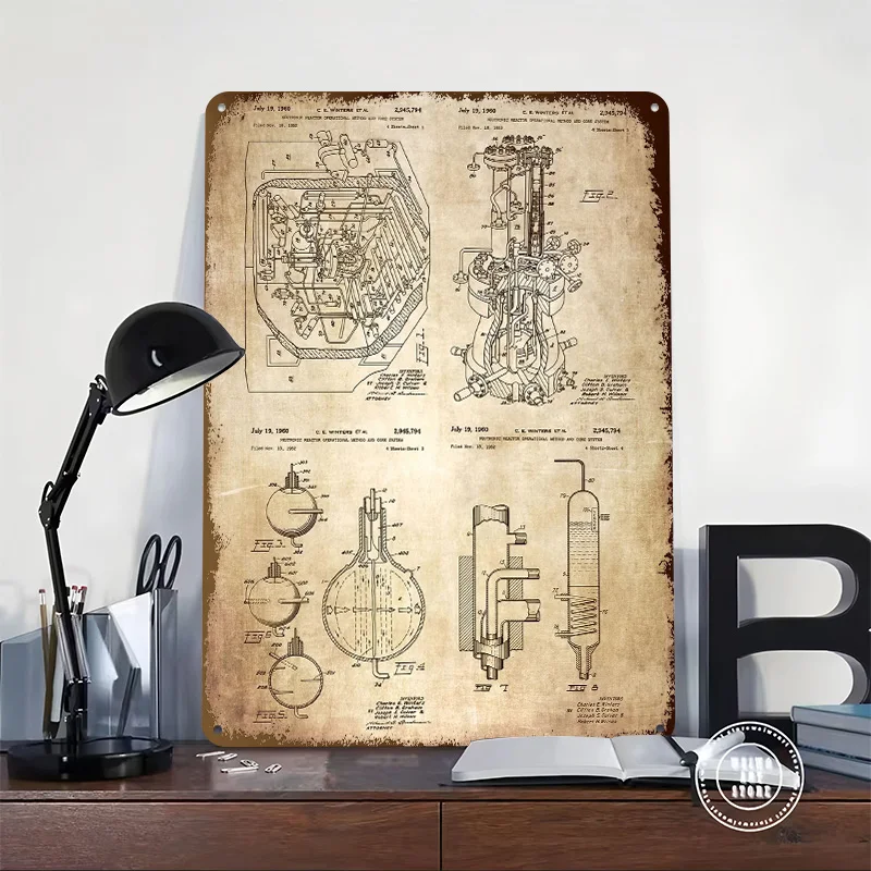 Patent Nuclear Reactor Tinplate Posters Customizable Wall Art Retro Vintage Metal Signs for Home Room Decoration Aesthetic Cozy