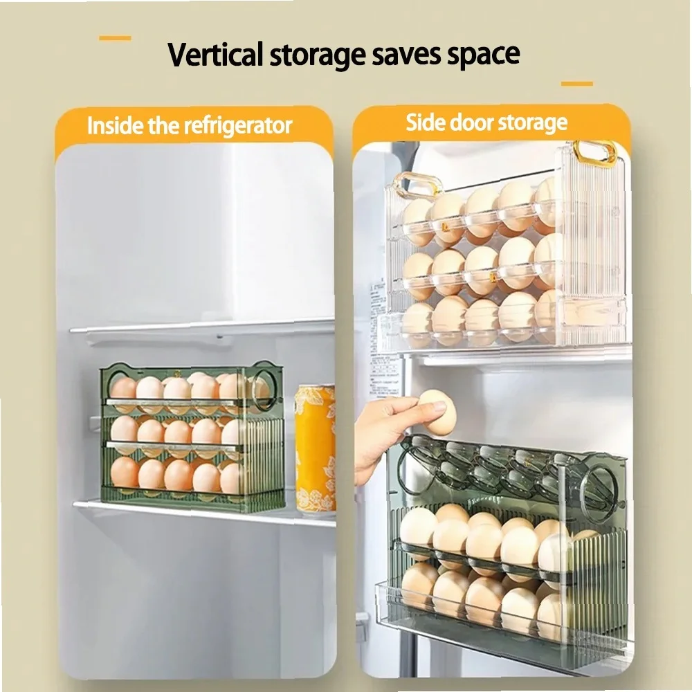 Large Capacity Egg Storage Container for Refrigerator - Auto Open/Close Portable Egg Tray Organizer