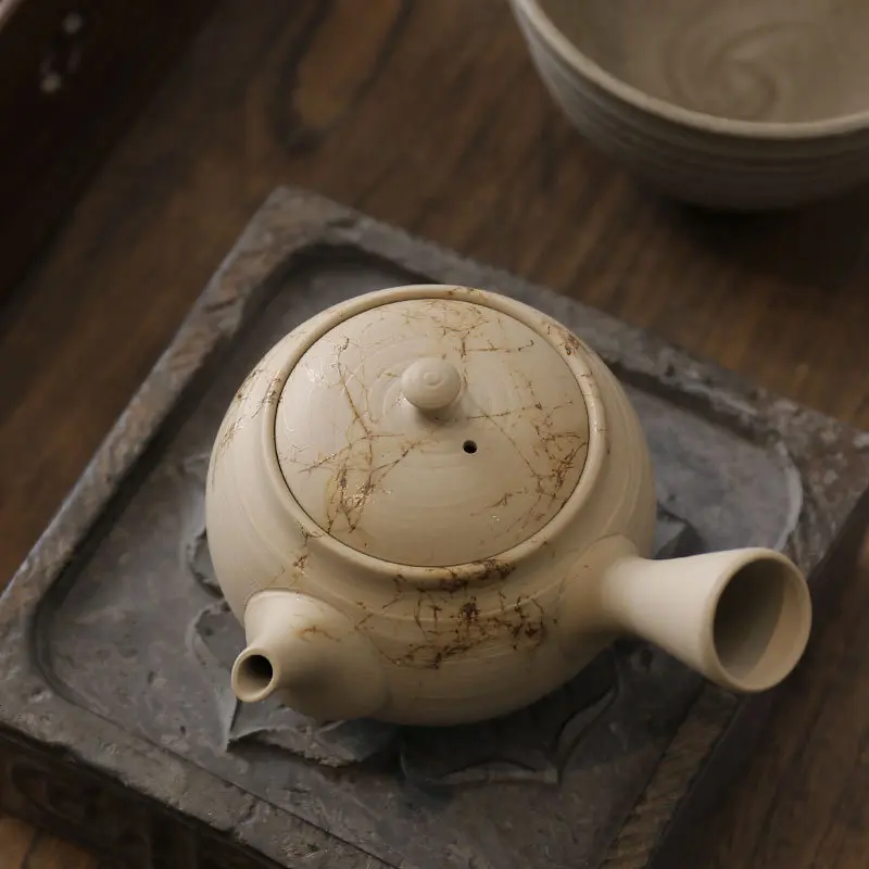 Japanese Changsha Baishan Mountain Made Side Handle Teapot Hand-Hung Algae White Clay Urgent Pot