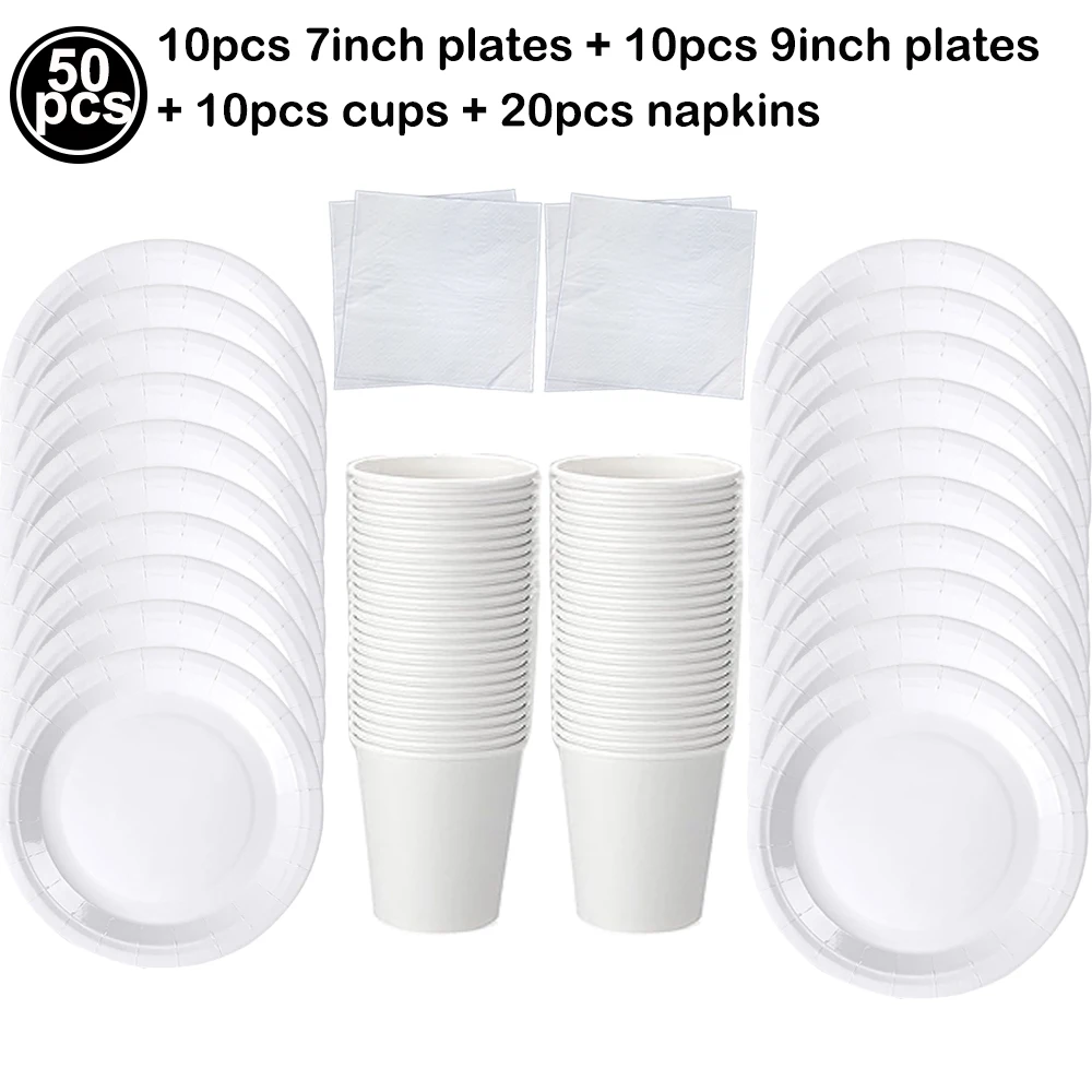 الصلبة الأبيض لوازم الحفلات أدوات المائدة القابل للتصرف أطباق عشاء صينية طعام المناديل كوب مفرش المائدة عيد ميلاد الزفاف استحمام الطفل ديكو #5