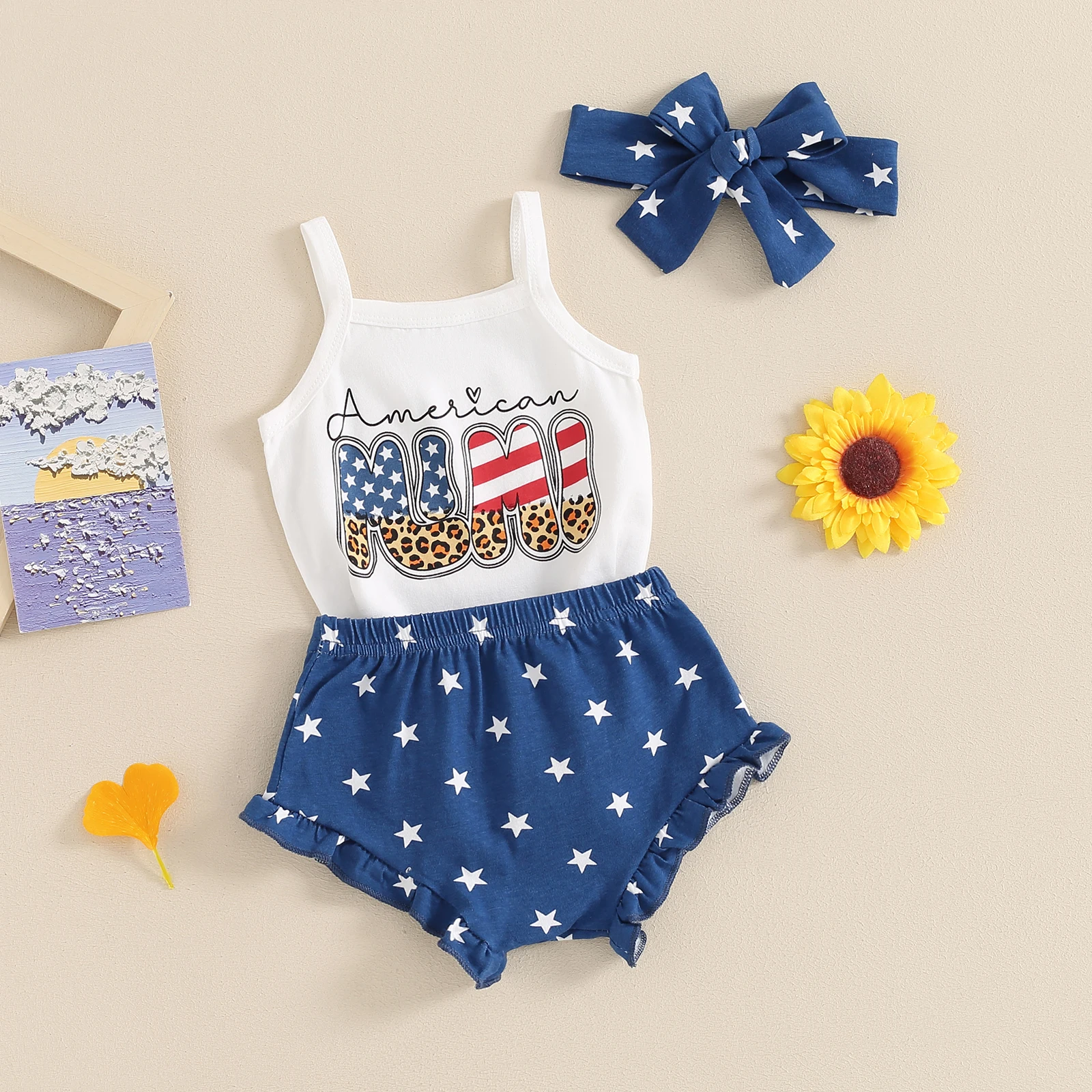 

Infant Baby Girl 4th of July Outfit Letter Print Spaghetti Strap Romper with Star Pattern Ruffled Shorts Headband