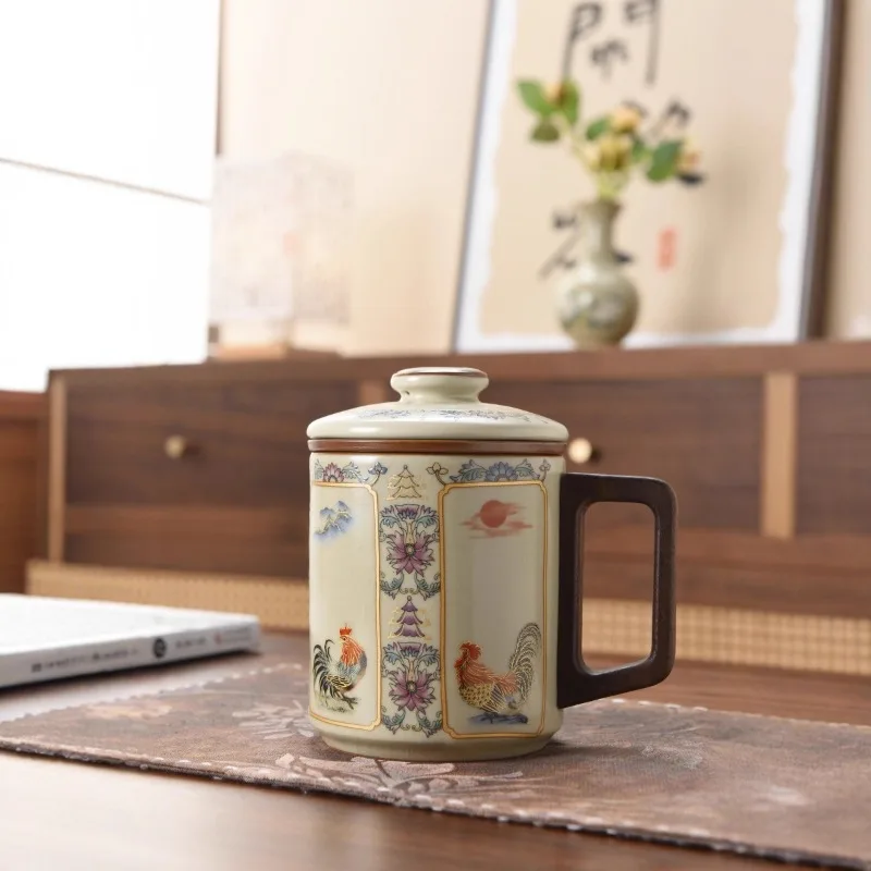 

Керамическая офисная кружка в китайском стиле Ru Kiln с разделителем для чая, большая емкость, красивая и интересная чашка для воды, подарок