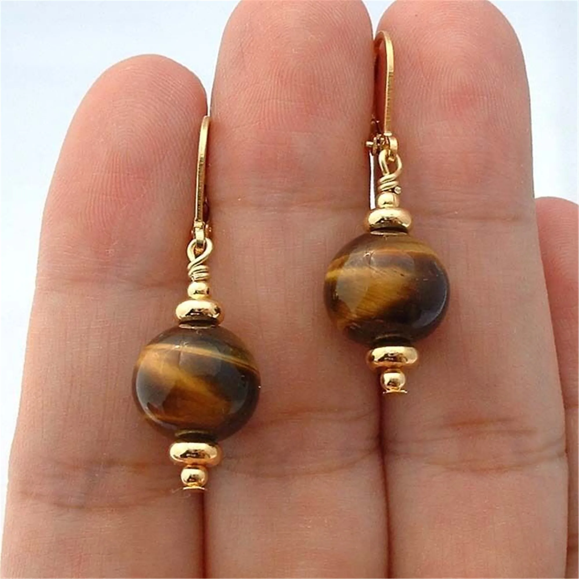 12MM Quality Brown Tiger Eye Gemstone Gold Earrings 18k Hook chain Luxury Dangle DIY Fashion Earlobe Mesmerizing Irregular