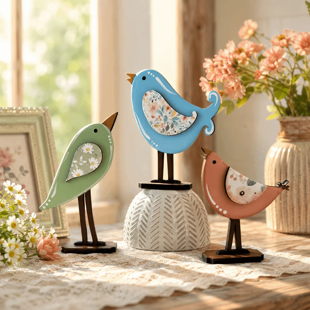 3pcs Nordic Style Wooden Bird Statue Home Decoration Sculptures Seabird Ornaments Flower Patchwork Desktop Ornaments