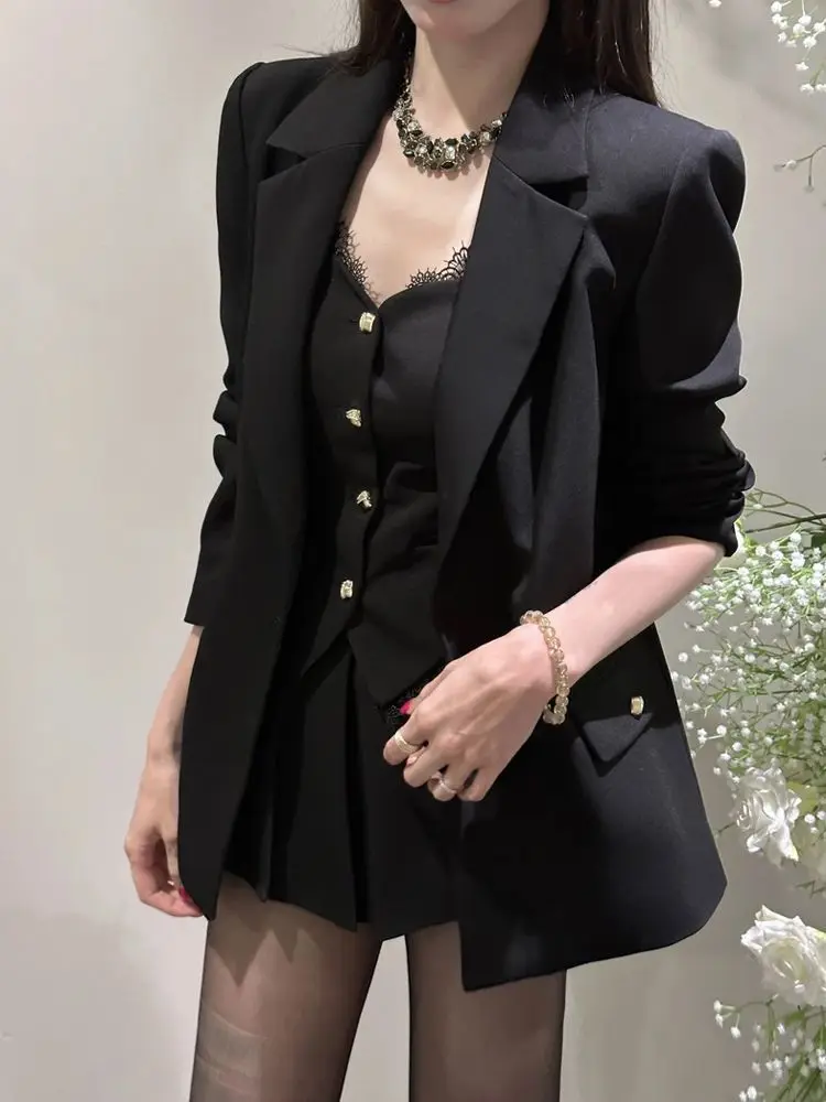 

Модный винтажный новый черный комплект из 3 предметов, женский корейский элегантный ретро повседневный кружевной пальто на бретельках, женский дизайн Y2k, тонкая плиссированная юбка