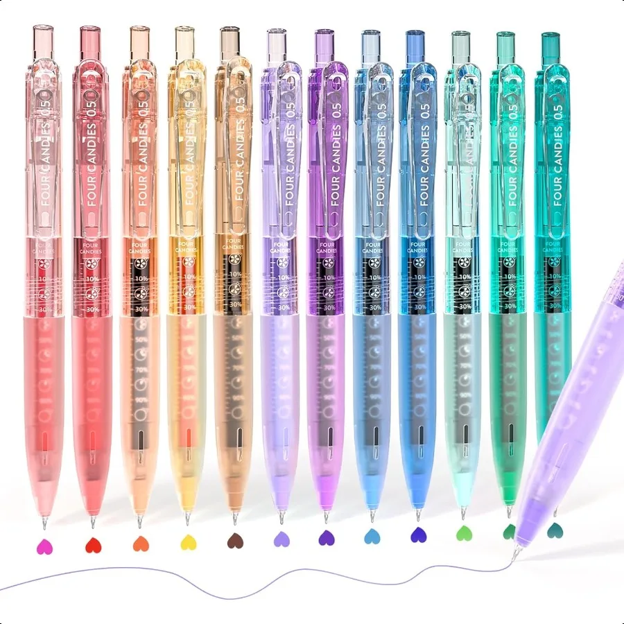 

12Pack 0.5mm Quick Dry Retractable Gel Pen Set Cute Transparent Fine Point Multicolor Note Taking Aesthetic lnk Pens Comfort Gr