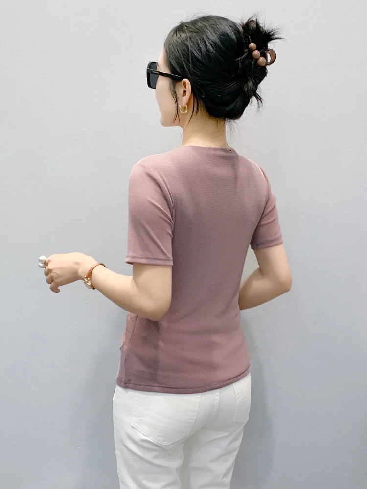 セクシーなVネックTシャツ レディース オルトスベ 夏ファッション 重装飾トップス スリムフィット 韓国風通勤服