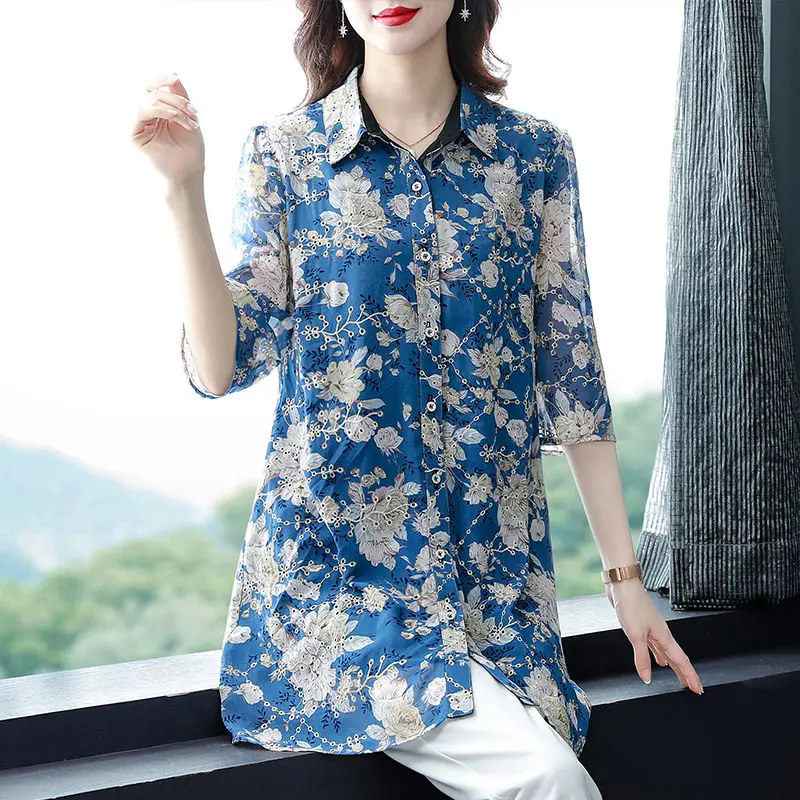 Summer POLO Collar Fashion Half Sleeve Shirt Women High Street Casual Loose Button Cardigan Printing Elegant Mid-length Blouse