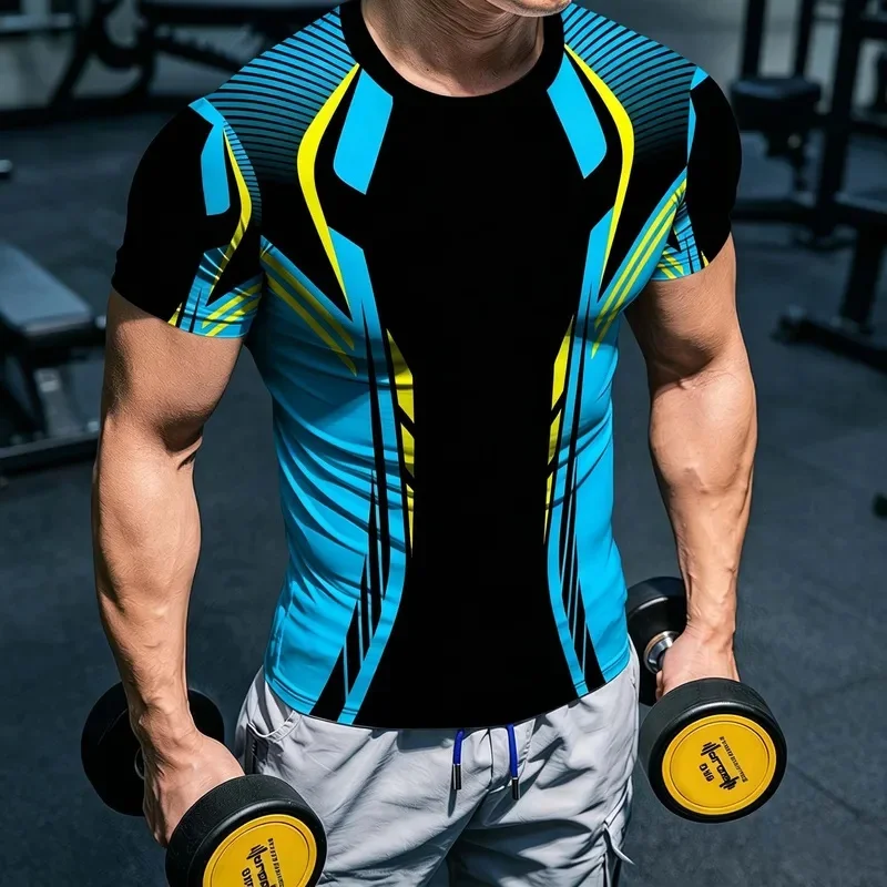 Men's Slim Fit Sports T Shirt Black Cyan Lima Futuristic Color Block Line Print High Elasticity Quick Dry Short Sleeve