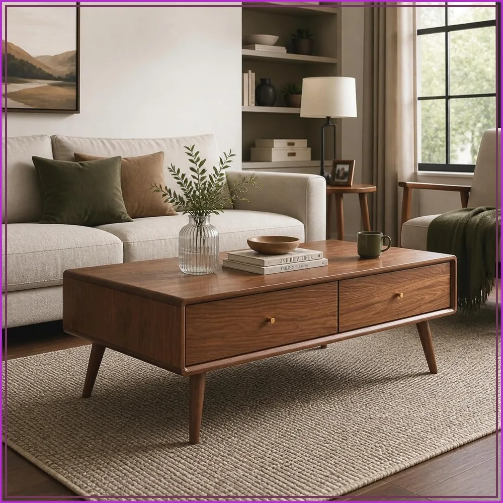 Fully-Assembled 100% Oak Wood Coffee Table with Storage for Living Room