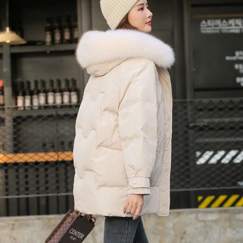 Winter Hooded Big Fur Collar Down Jacket Cotton Padded Parka Loose Warm Snow Windbreaker Jacket Warm Waterproof Outwear