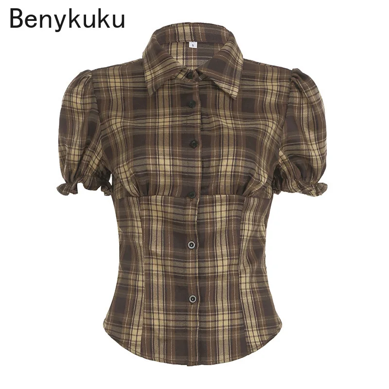 

Women's Y2K Short Puff Sleeve Plaid Shirt Turn Down Collar Single Breasted Vintage Blouses Casual Summer Tops 90s Streetwear
