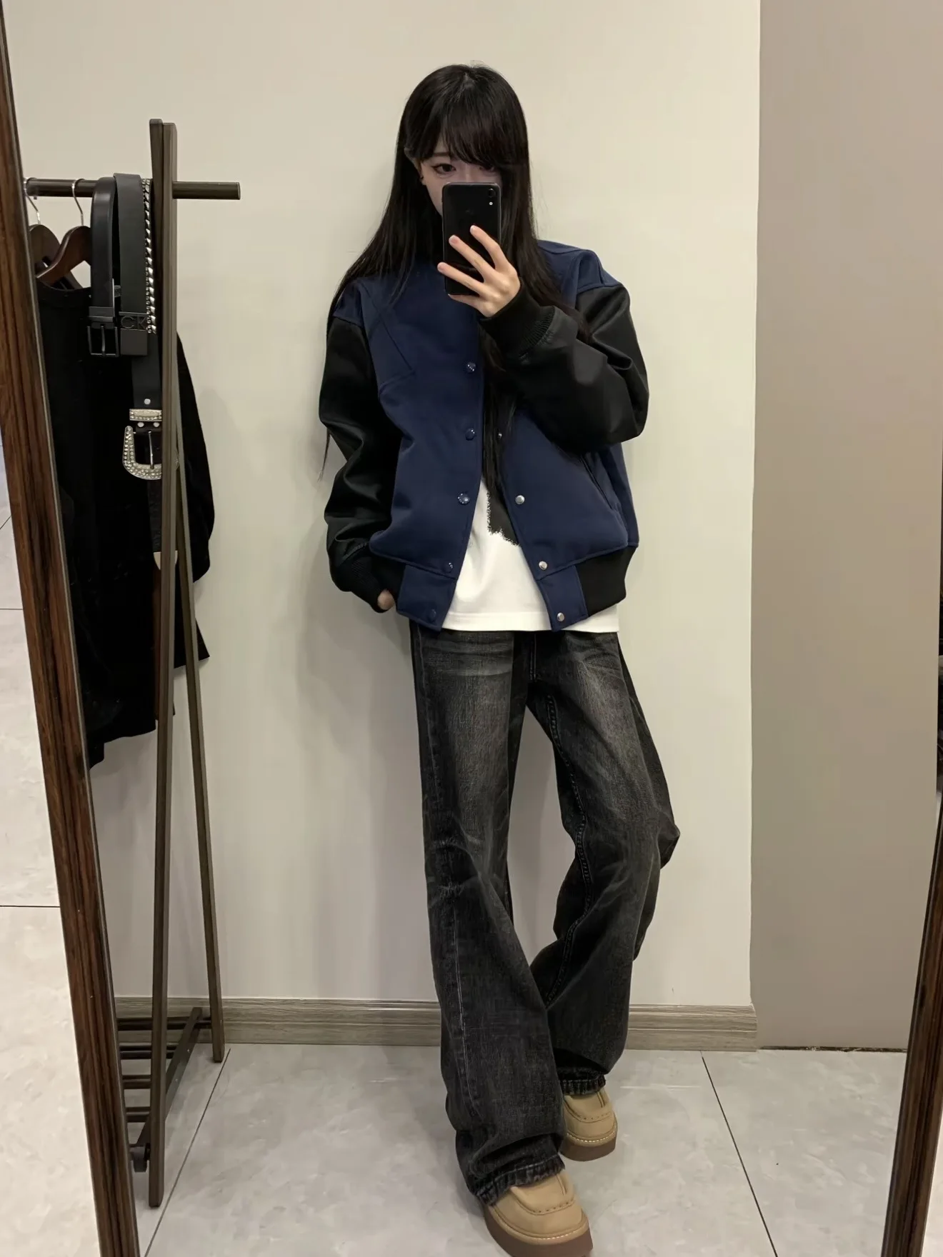 

American Street Sle Patchwork Leather Sve Woolen Baseball Jaet Men Women Casual All Match Commuting ort Coat