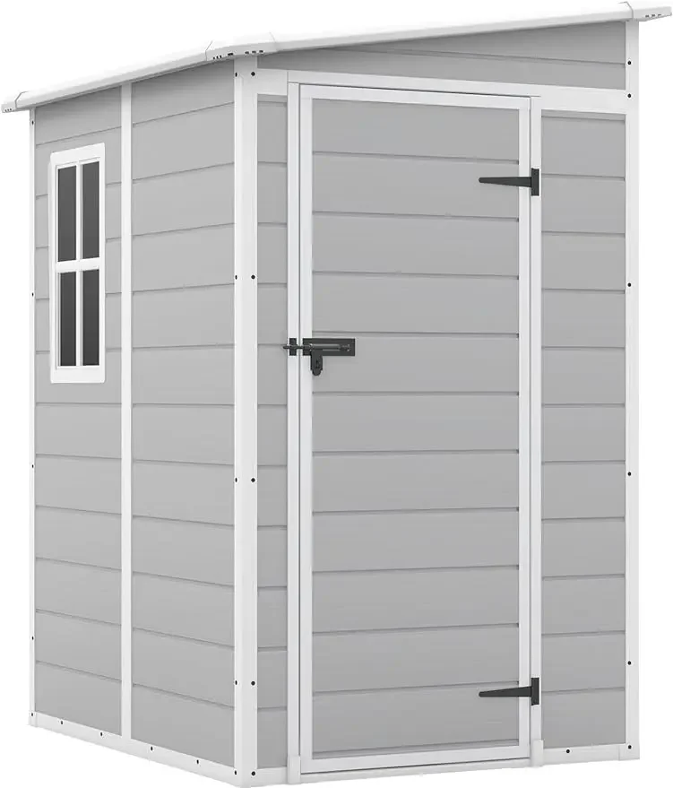 Outdoor Storage Shed, Resin Storage Shed with Floor & Lockable & Window Door for Patio Furniture, Garden Tools and Bicycle