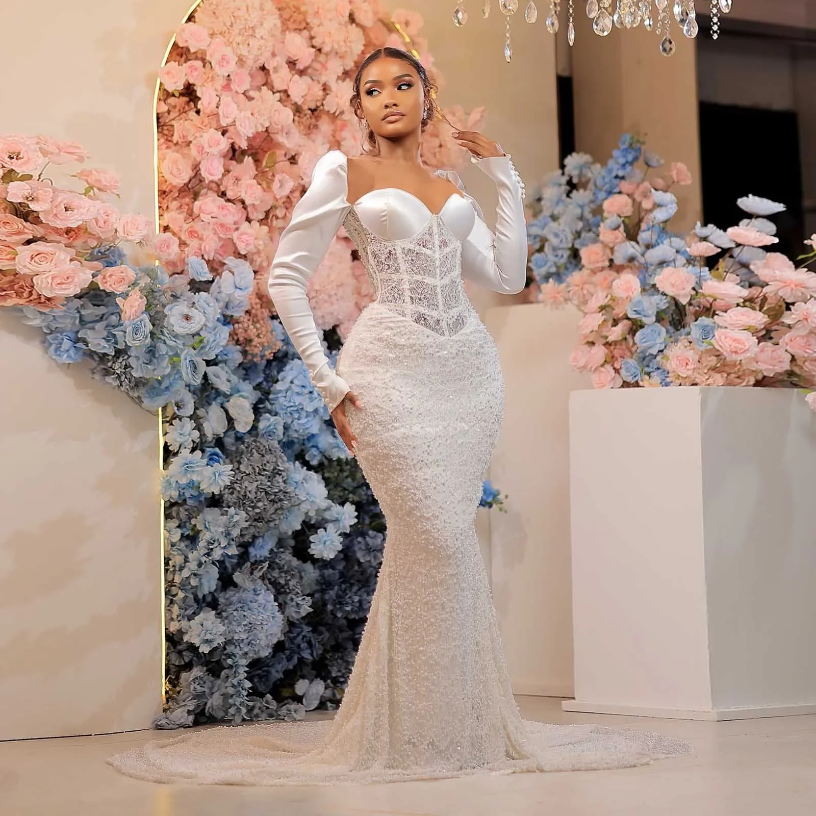 White Pearls Beaded African Bridal Dress Lace Corset Aso Ebi Wedding Reception Birthday Party Dress 2026