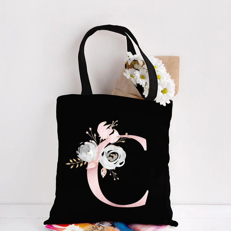 Rosa inglese fiore iniziali lettera stampa Shopping Bag Shopper Bag Totes borse a tracolla moda di grande capacità regalo per gli amici