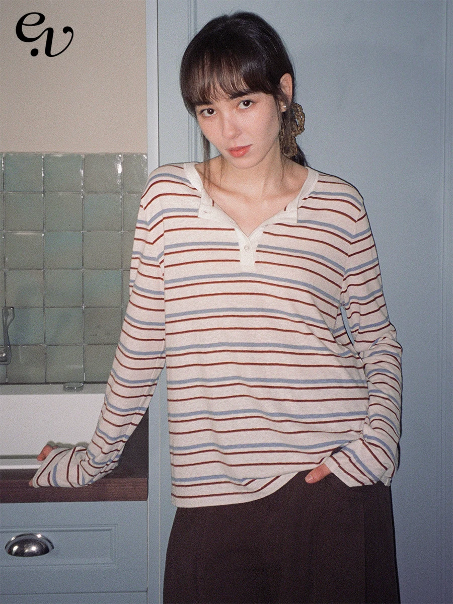 

Even Vintage Linen Modal Stripe Long Sve T-irt Henry Collar Retro Sle Women's Faion Summer Top Straight Cut Fit