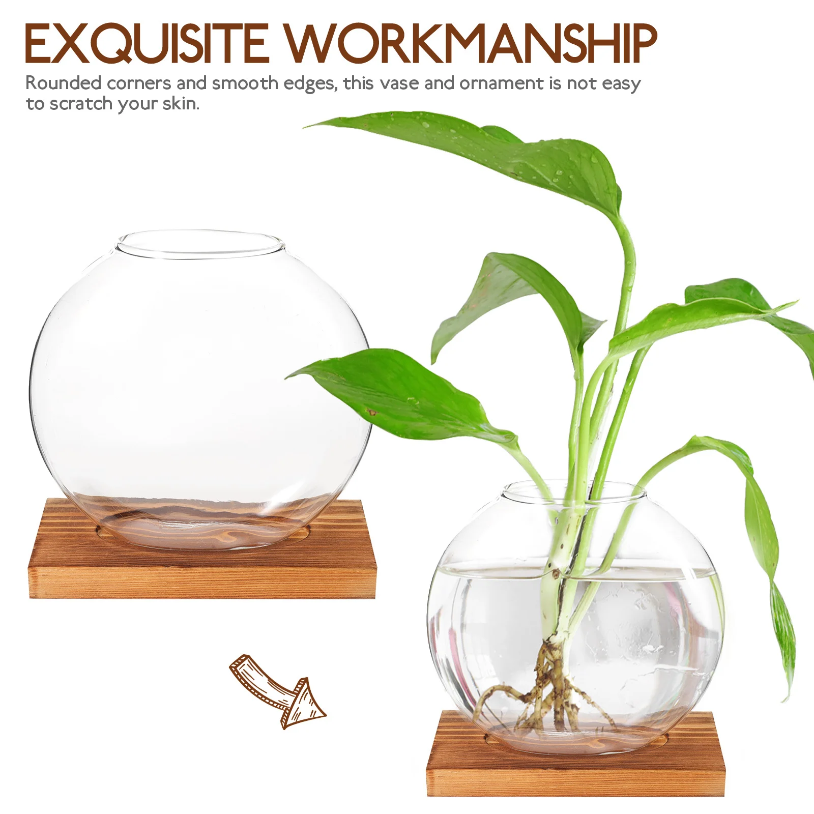 

Green Pothos Glass Vase With Wooden Base Simple Design For Home Office Desk Decor Hydroponic Plant Terrarium Flower Arranging