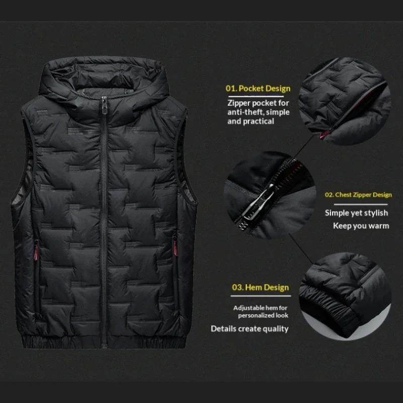 Winter Hooded Padded Vests Man Pleated Solid Puffer Vests Windproof Warm Sleeveless Jackets Outdoor Thicken Parkas 8XL Waistcoat